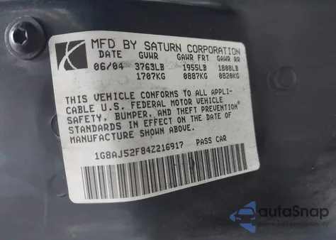 2004 Saturn Ion 2 из США, поврежденный, VIN 1G8AJ52F84Z216917